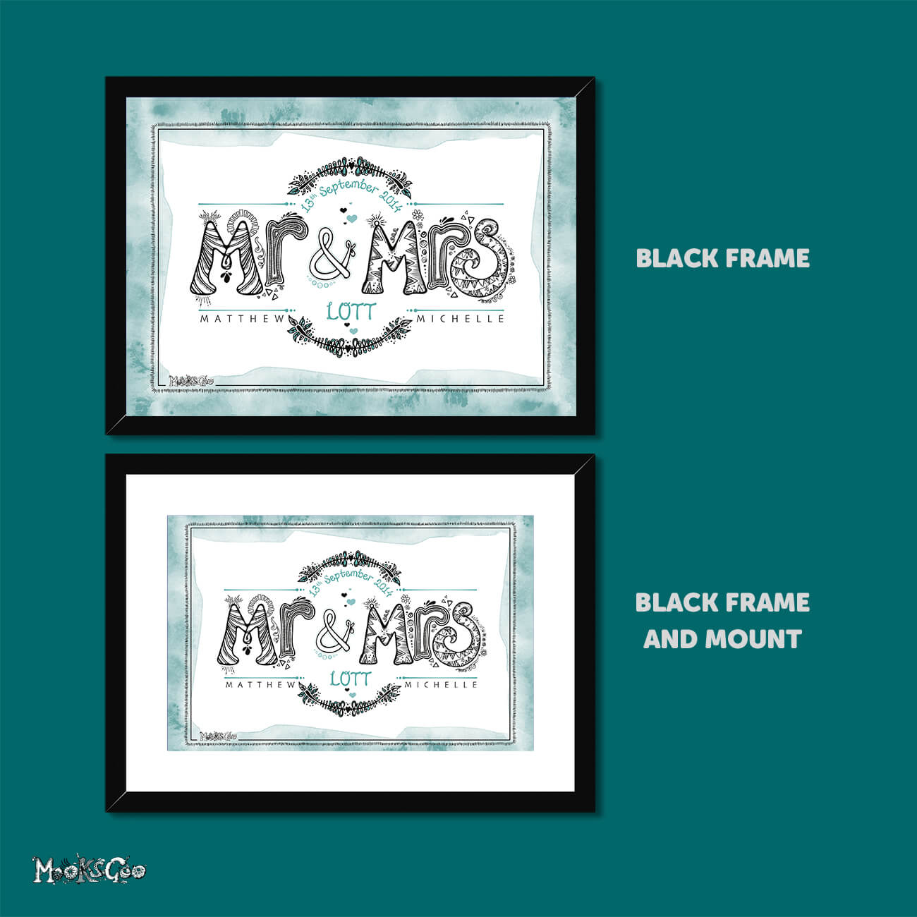 mrs and mrs personalised print for newly weds gift, in a wooden black frame or with a snow white mount, designed by MooksGoo