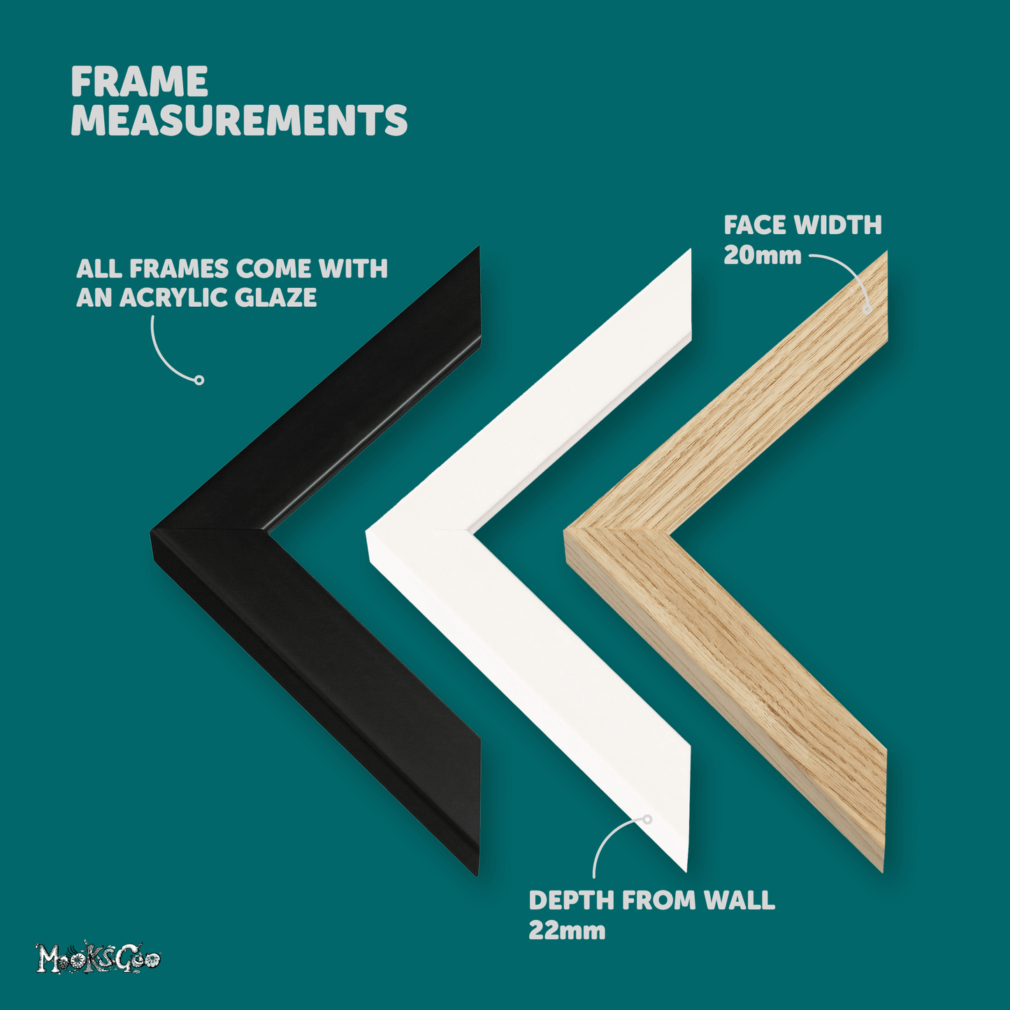 frame measurements with close up of black, white and natural wooden frame, designed by MooksGoo