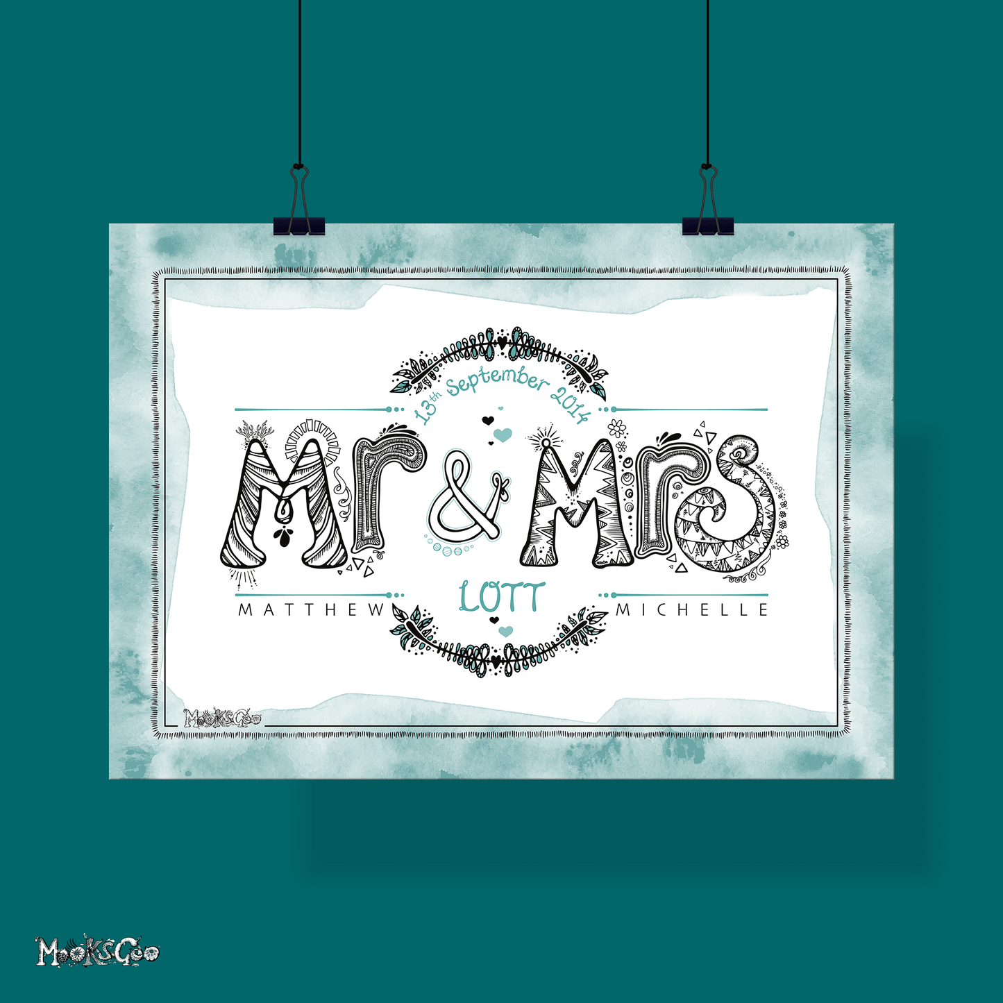 Mr and mrs personalised art print, with funky and modern illustrated typography, black and white fonts with a teal turquoise watercolour background. Bespoke date, names, and sir name. designed by MooksGoo