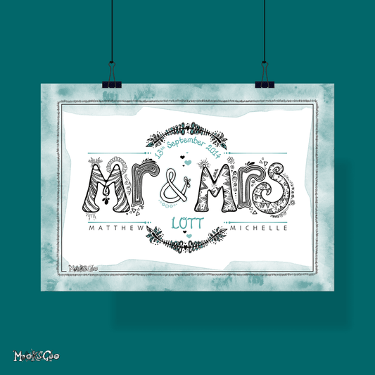 Mr and mrs personalised art print, with funky and modern illustrated typography, black and white fonts with a teal turquoise watercolour background. Bespoke date, names, and sir name. designed by MooksGoo