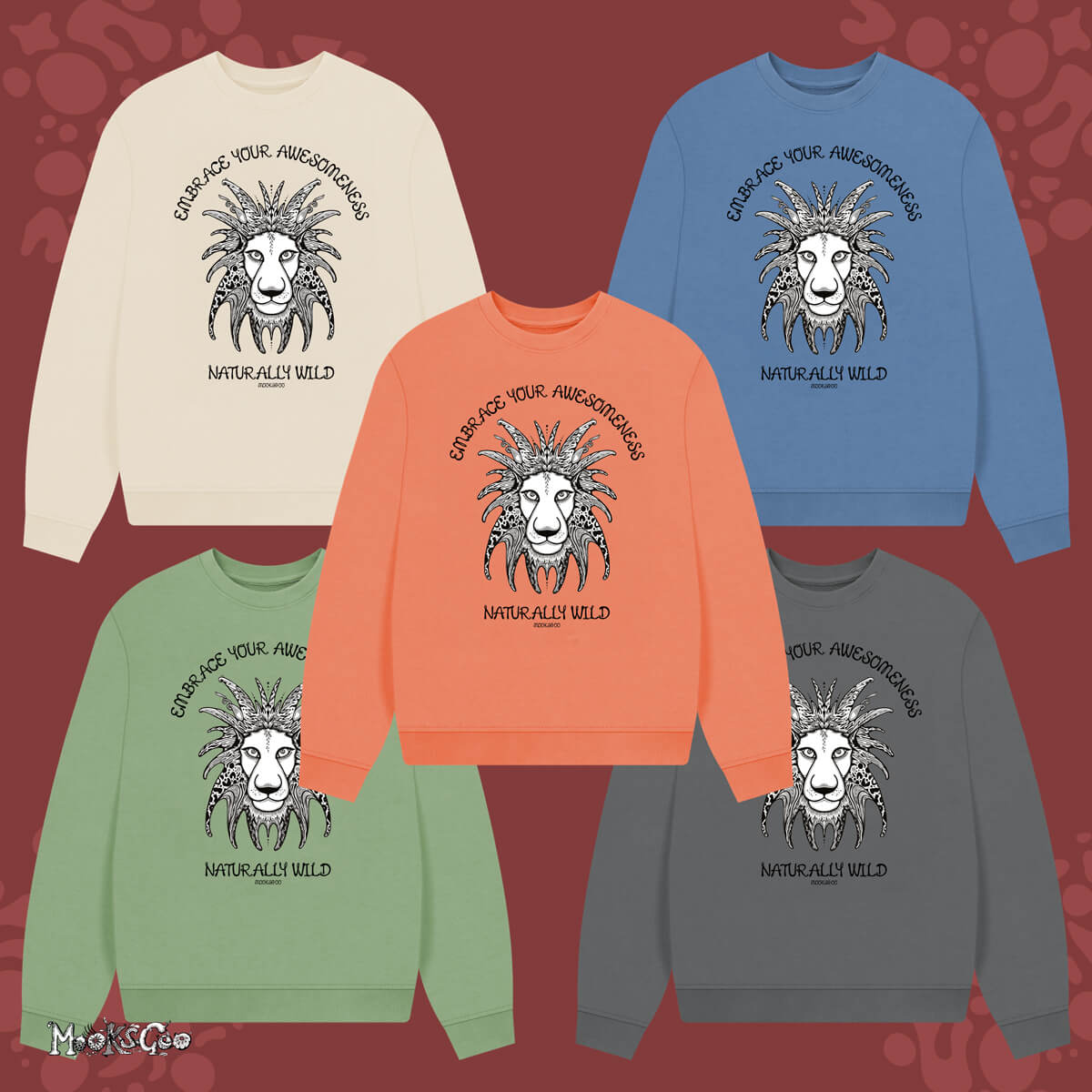 A mixture of colours including oat, solent blue, apricot, sage green, and slate grey organic cotton oversized jumper, with the words Embrace Your Awesomeness, Naturally Wild fun typography. Black and white funky illustrated lion with bold patterns, designed by MooksGoo