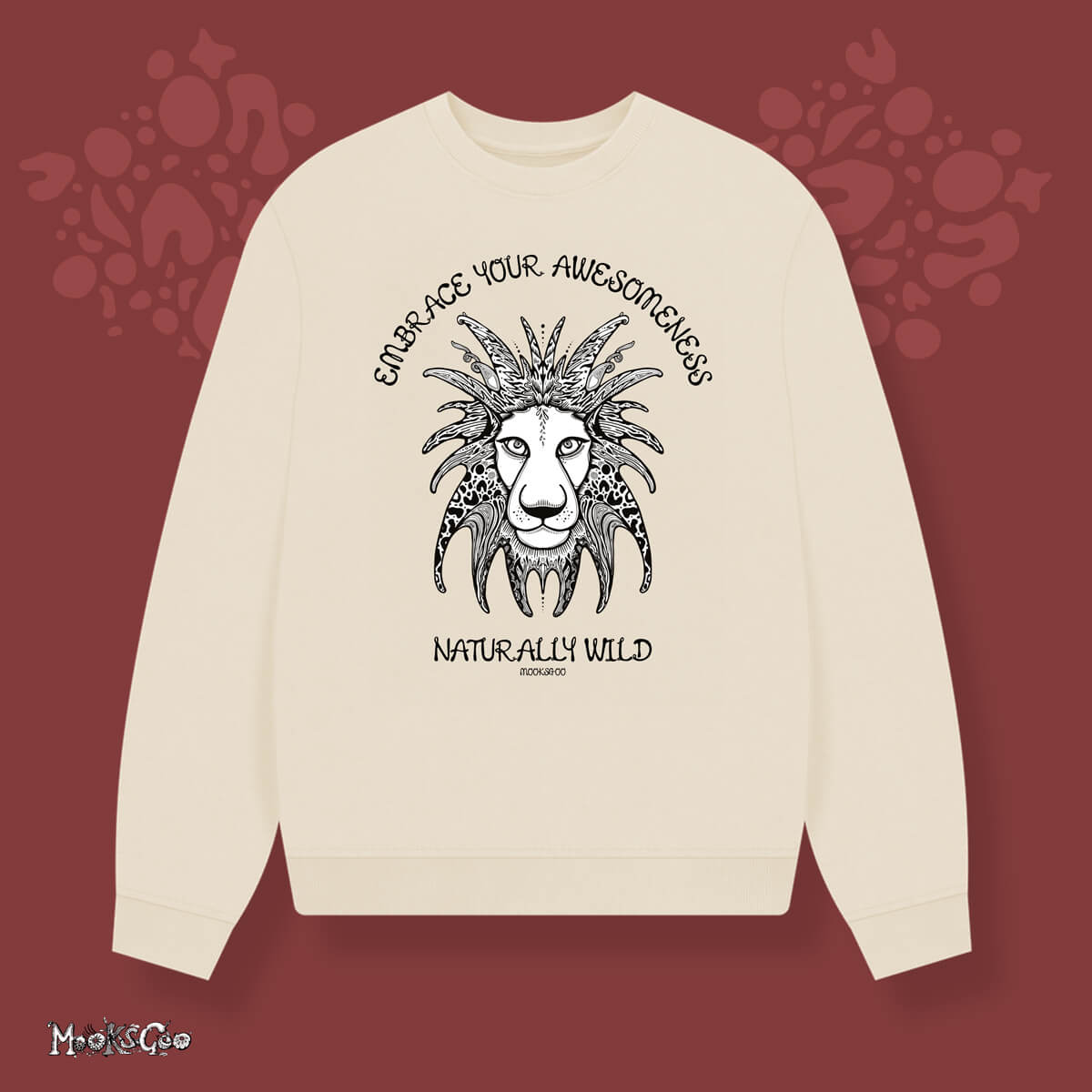Oat cream organic cotton oversized jumper, with the words Embrace Your Awesomeness, Naturally Wild fun typography. Black and white funky illustrated lion with bold patterns, designed by MooksGoo