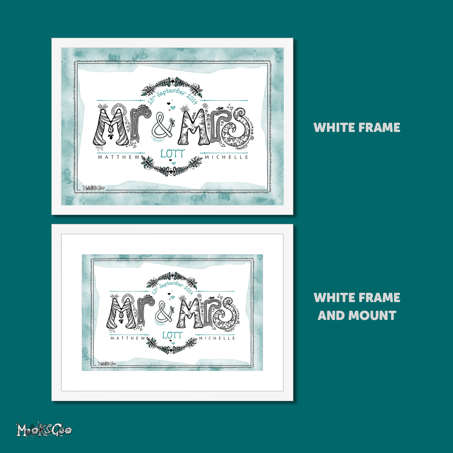 mrs and mrs personalised print for newly weds gift, in a wooden white frame or with a snow white mount, designed by MooksGoo