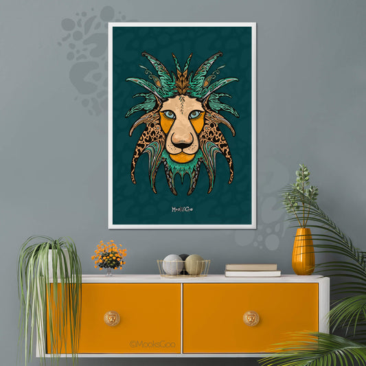 modern and colourful interior design with teal, orange and turquoise, with a large a0 white frame, with a safari lion illustration designed by MooksGoo