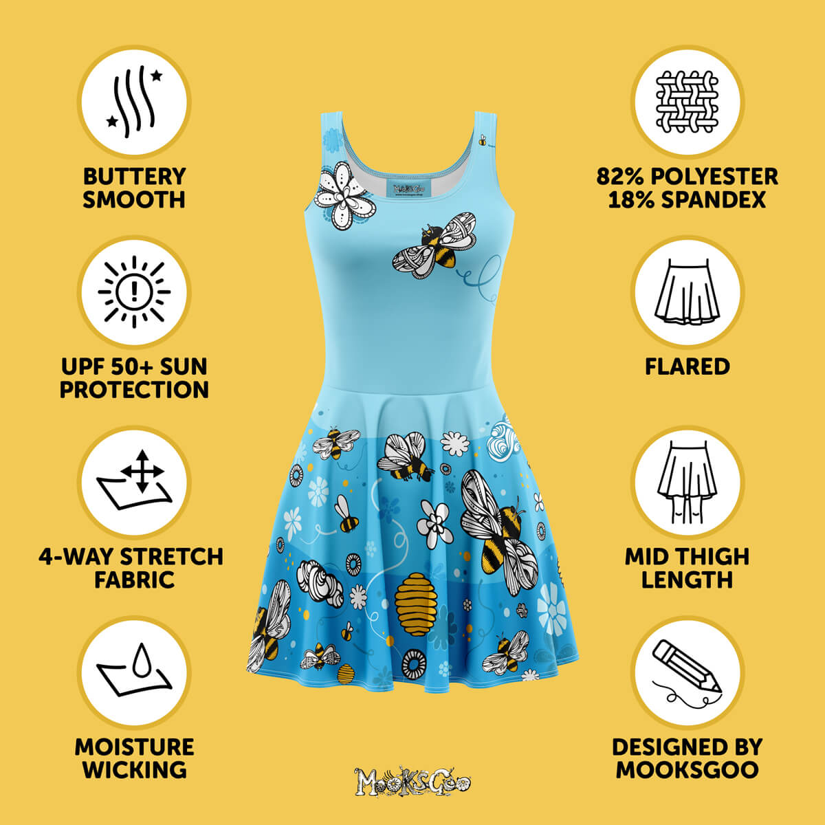 benefits of a silky skater dress with beed and honey design by MooksGoo, including buttery silky smooth fabric, sun protection, and a flared design.