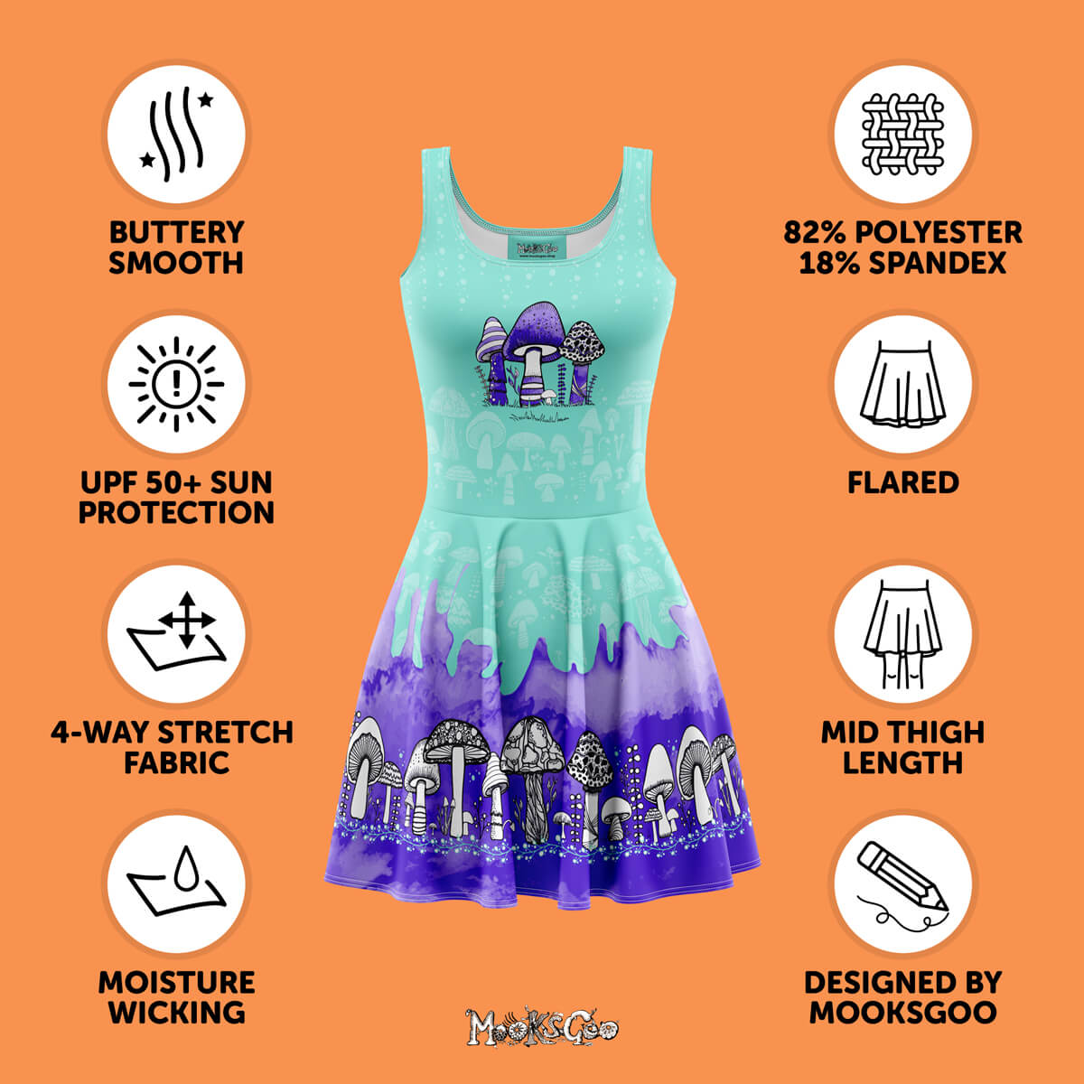 Benefits of a quirky autumn flared skater dress, that's buttery smooth, sun protection, and mid thigh length. Designed by MooksGoo