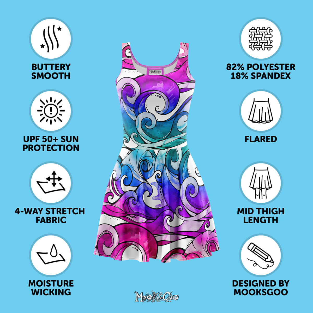 Benefits of the rainbow wave skater dress, designed by MooksGoo, includes silky smooth material, sun protection, and flared skirt