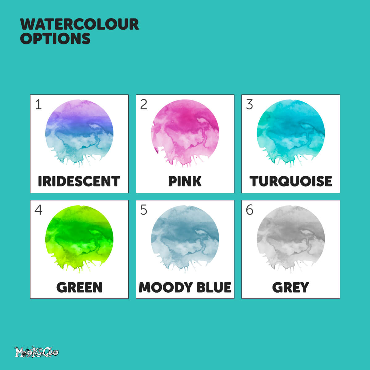 Different coloured watercolours to choose as a background to personalised child's name wall art, designed by MooksGoo