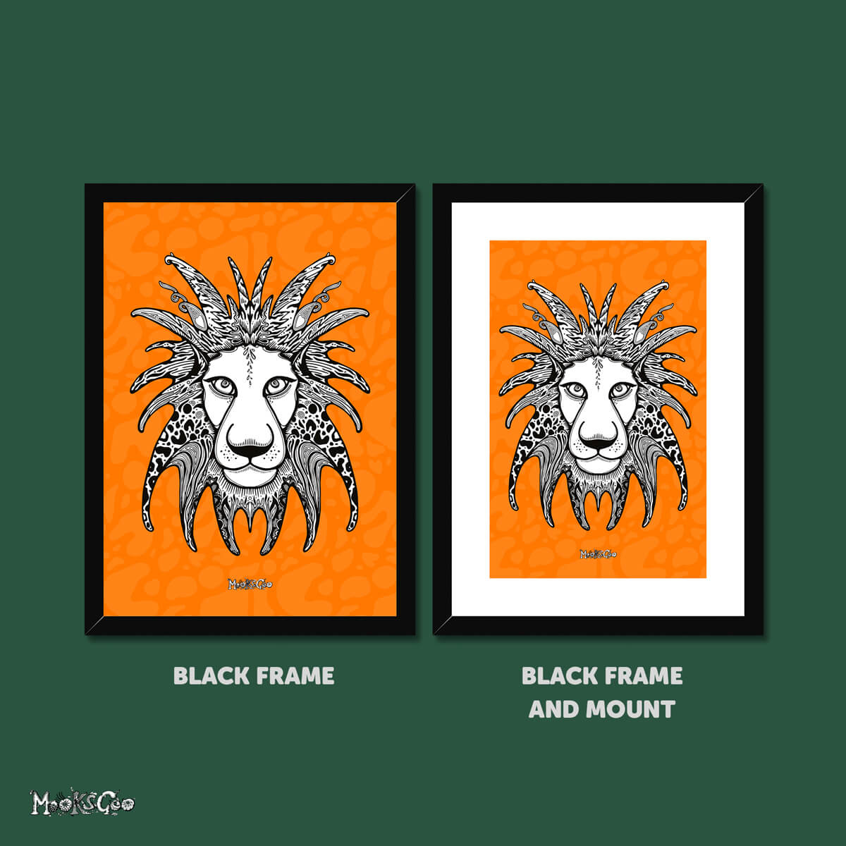 Two frames side by side, each with an Illustrated black and white lion with orange background designed and drawn by MooksGoo. One frame is black, one frame is black with a mount.