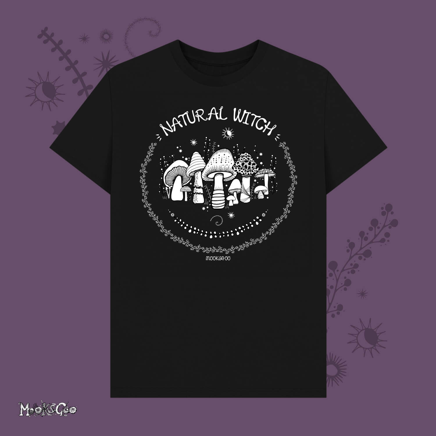 black unisex t-shirt with white illustrations of mushrooms, toadstools, moons, stars, leaves and vines, with the words Natural Witch in funky typography, halloween spooky design by MooksGoo