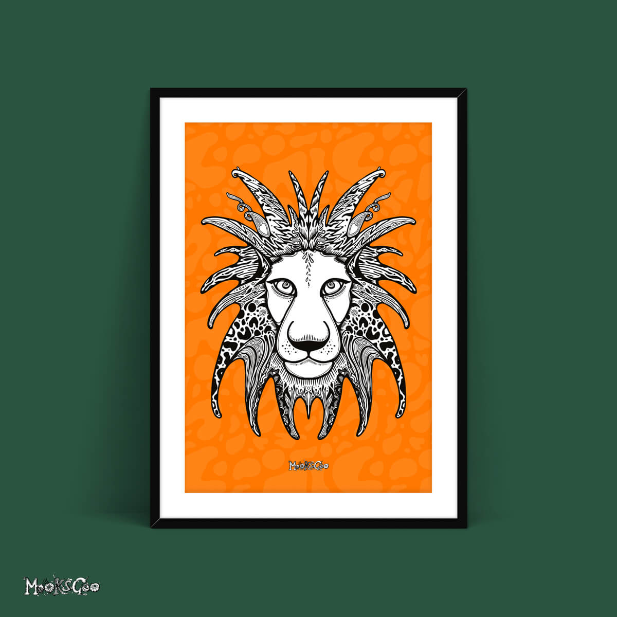 Large a1 black and mounted frame, with a black and white illustrated lion on a very bright orange animal print background, designed by MooksGoo