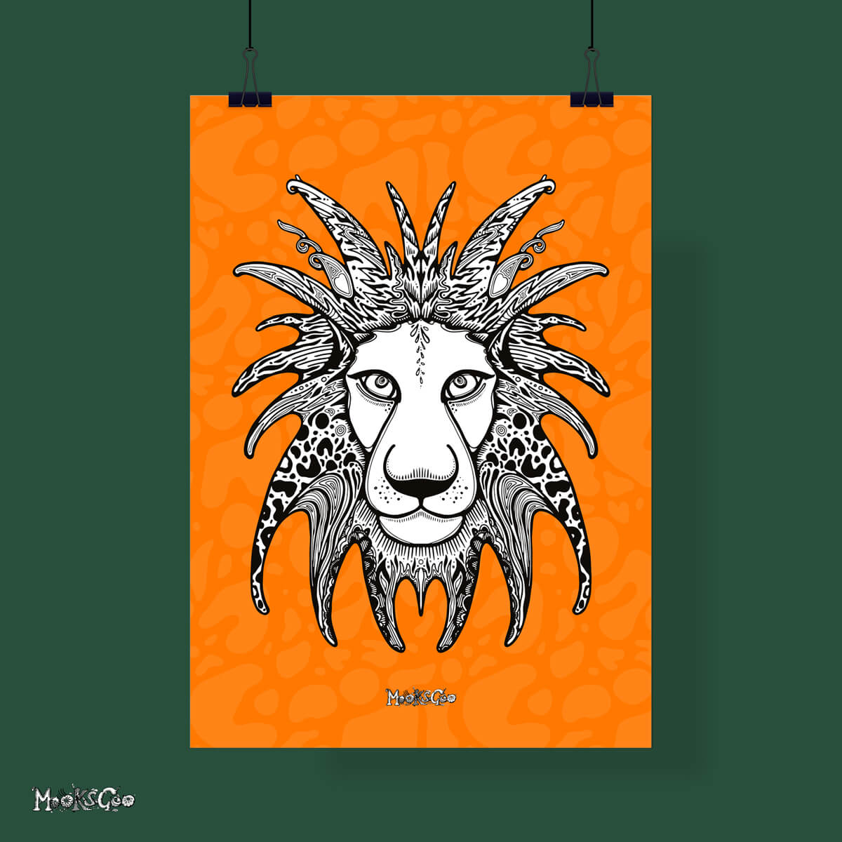 Black and white illustrated lion by MooksGoo, on a very bright orange animal print textured background, matte art print