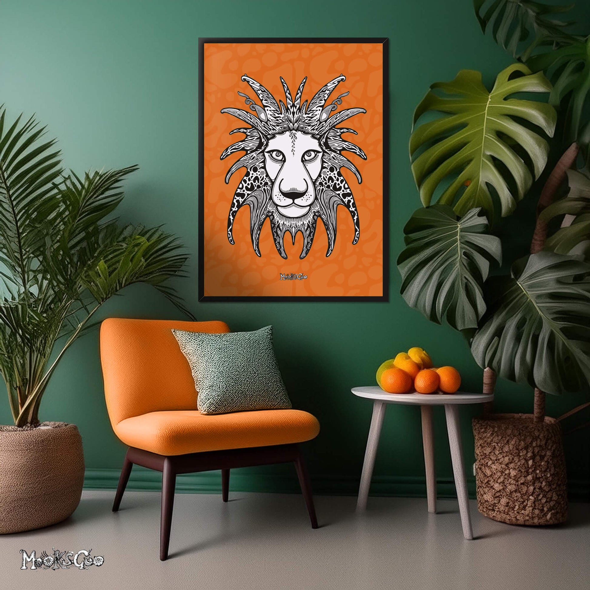 Monochrome funky lion art print in a maximalist interior living room with big cheese plant leaves. Wall art illustration with orange background designed by MooksGoo
