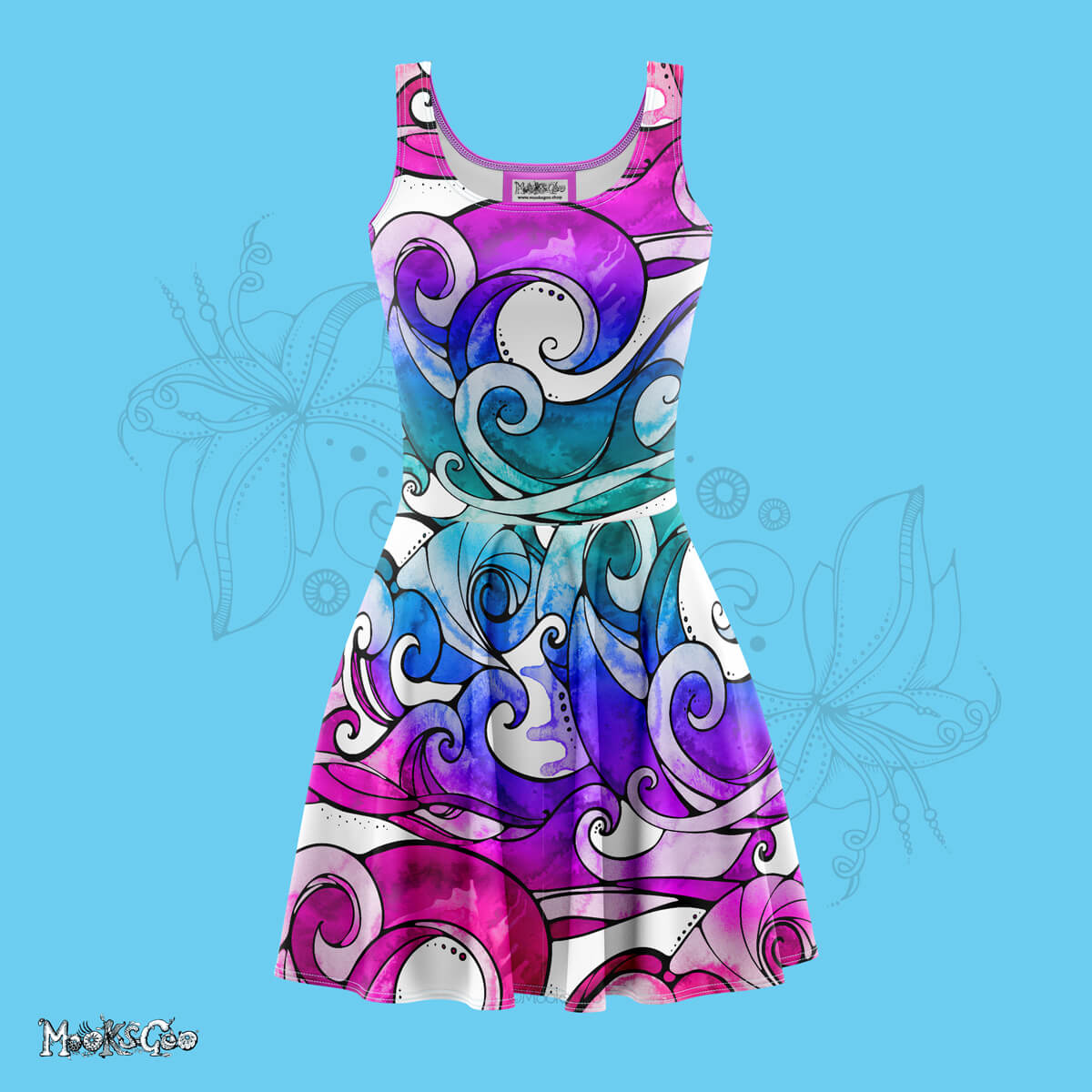 quirky, colourful and bold surfing wave illustration with rainbow colours. Floaty flared tennis skater dress designed by MooksGoo