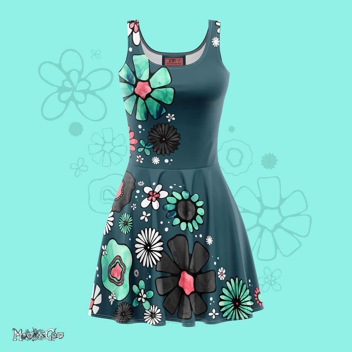 Beautiful teal, turquoise and coral pink flower power design on a silky, flared skater dress, illustrated by designer MooksGoo