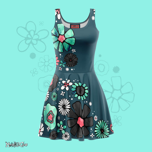 Beautiful teal, turquoise and coral pink flower power design on a silky, flared skater dress, illustrated by designer MooksGoo