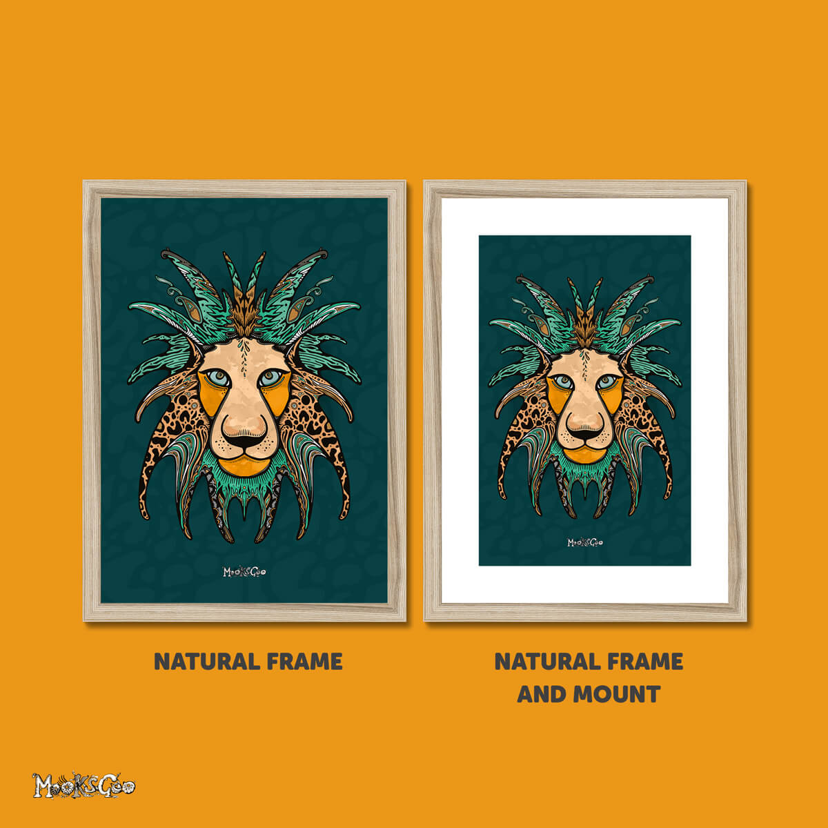 two frames side by side, one natural wood, one natural wood with a mount. Both frames have a safari coloured lion illustration as wall art, designed by MooksGoo