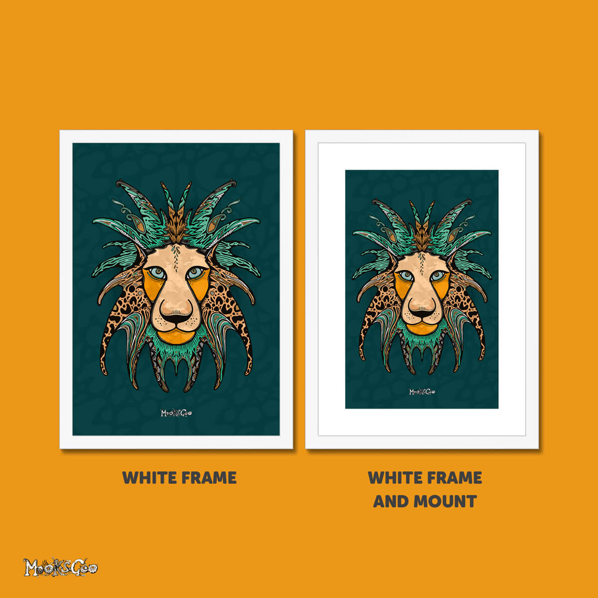 two frames side by side, one white, one white with a mount. Both frames have a safari coloured lion illustration as wall art, designed by MooksGoo