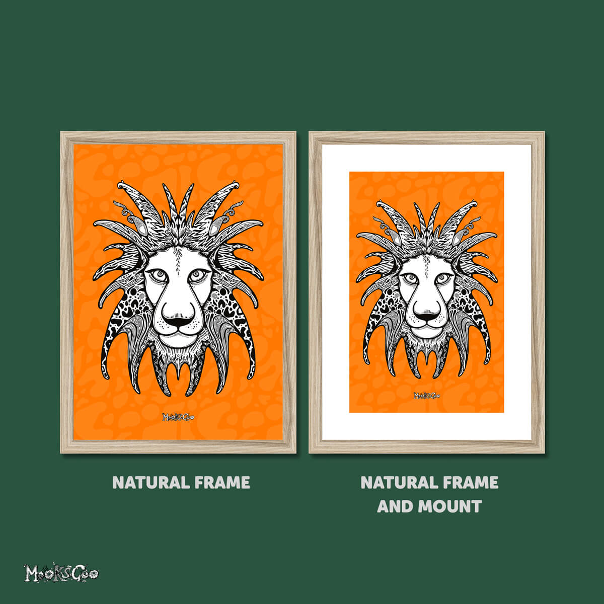 Two frames side by side, each with an Illustrated black and white lion with orange background designed and drawn by MooksGoo. One frame is natural wood colour, one frame is natural wood colour with a mount.