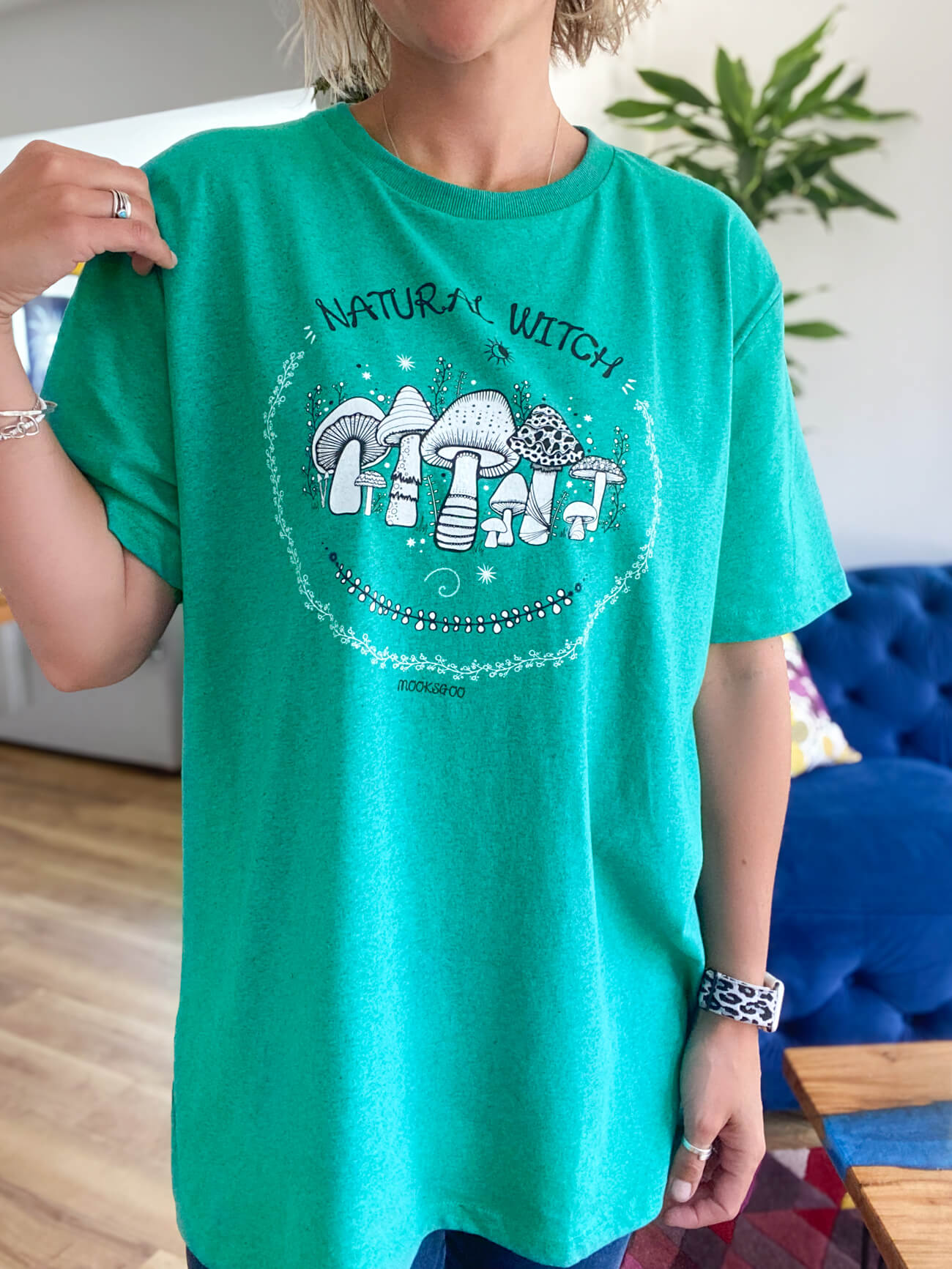 oversized style t-shirt with natural witch written in funky text typography, designed by MooksGoo