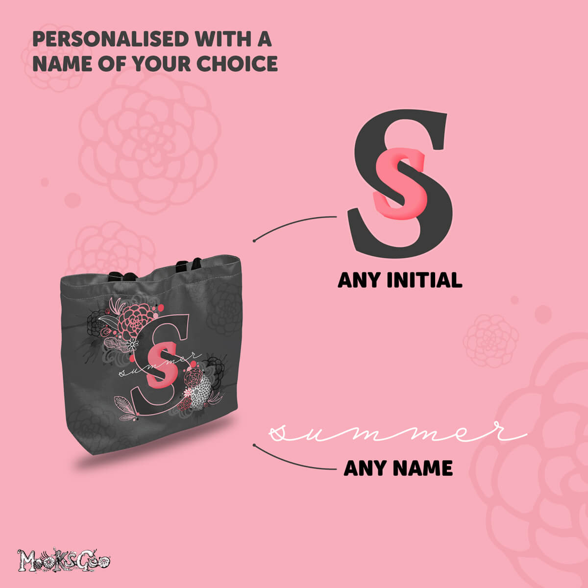 Personalised with any name and initial tote bag, designed by MooksGoo. Image shows a finished bag with examples of what can be personalised.