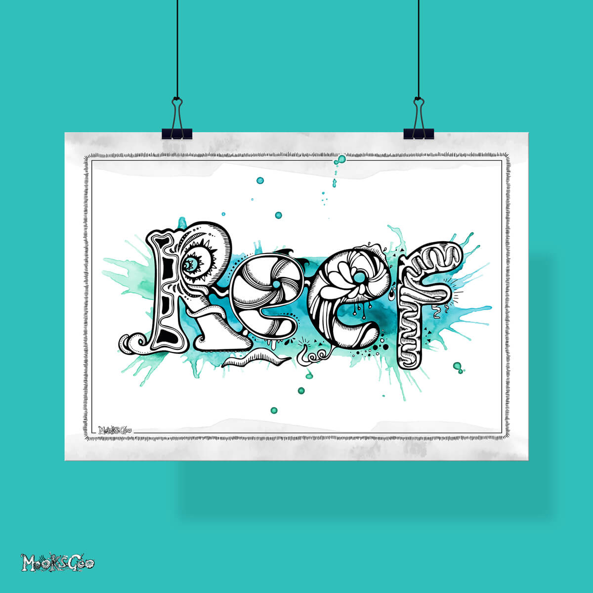 children's personalised wall art with their name, this one says Reef and is for a boy, with vibrant blue and turquoise splashy water colours in the background, hanging from bull dog clips. Designed and illustrated by MooksGoo