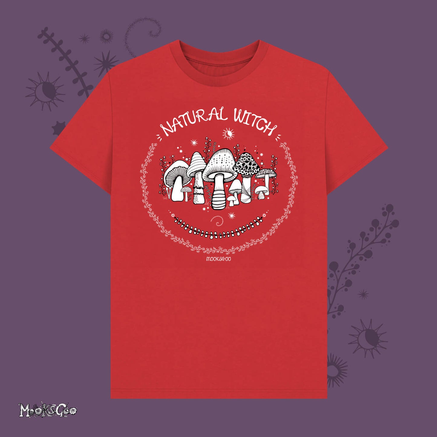 Red unisex t-shirt with white illustrations of mushrooms, toadstools, moons, stars, leaves and vines, with the words Natural Witch in funky typography, halloween spooky design by MooksGoo