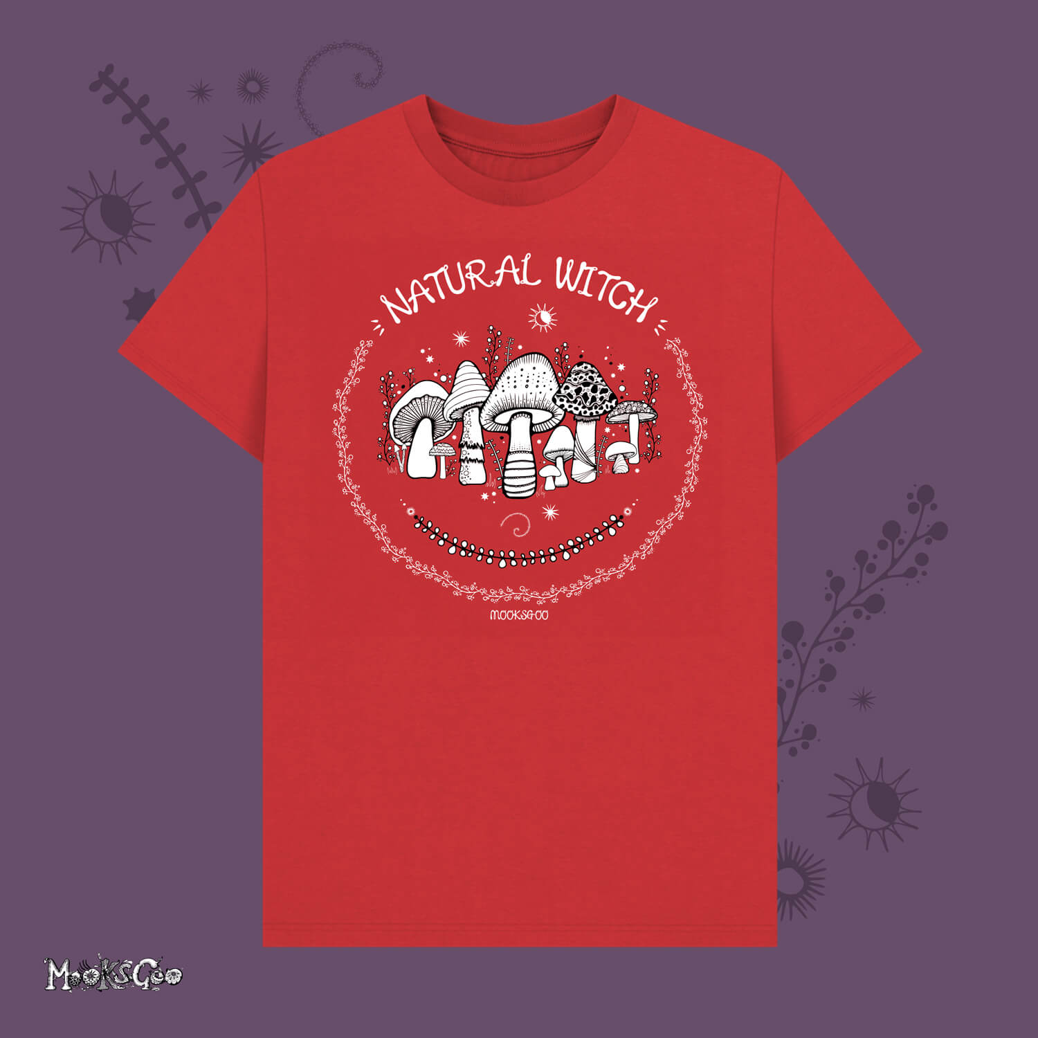 Red unisex t-shirt with white illustrations of mushrooms, toadstools, moons, stars, leaves and vines, with the words Natural Witch in funky typography, halloween spooky design by MooksGoo