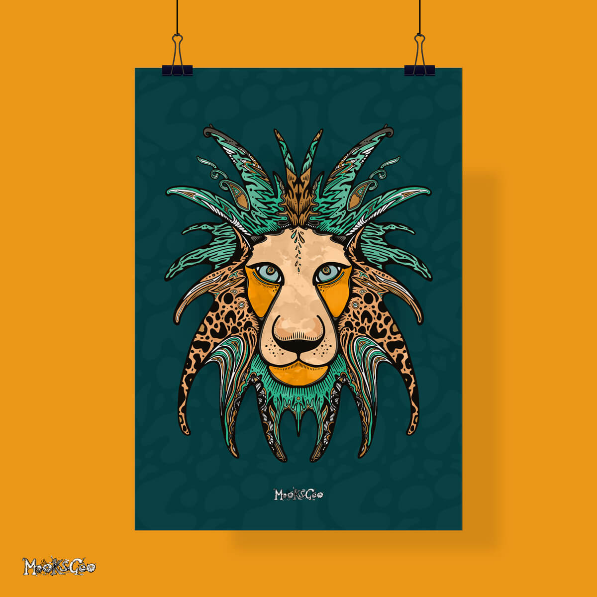 Quirky bright illustrated lion poster art, with vibrant safari colours like orange, brown and turquoise, illustrated and drawn by MooksGoo