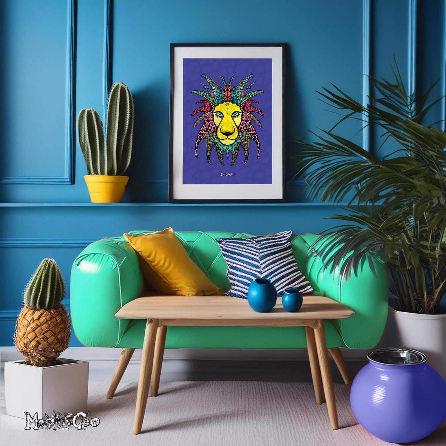 Modern, bright and maximalist interior design style room, with the colour theme of purple, bright turquoise and mustard yellow, with the focal point of the Wild Lion wall art illustration designed by MooksGoo. The lion is hand drawn with quirky, fun and bold colours, in a black wooden frame with a white mount.