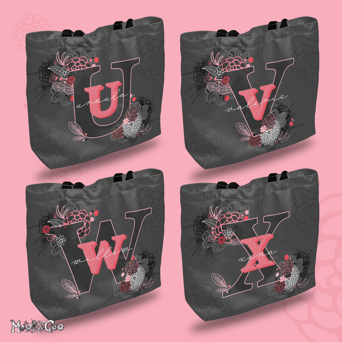 Personalised tote bags with letters U for Ursula, V for Valerie, W for Willow, X for Xena, designed by MooksGoo
