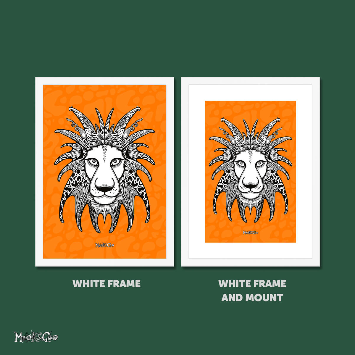 Two frames side by side, each with an Illustrated black and white lion with orange background designed and drawn by MooksGoo. One frame is white, one frame is white with a mount.
