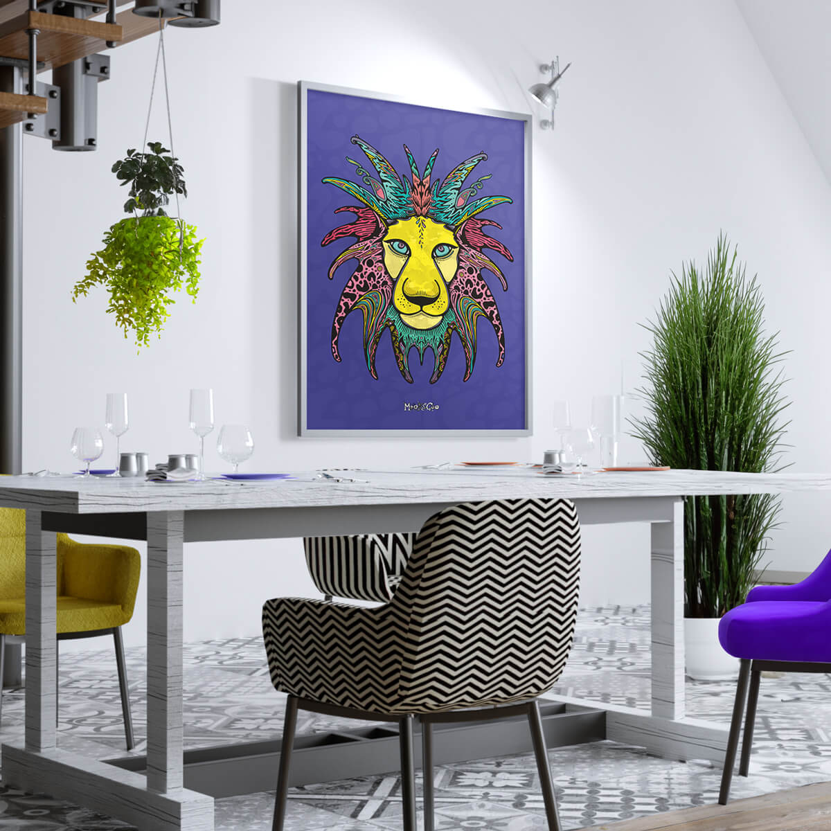 Wild Lion wall art illustration framed in a diner and kitchen area, with a black and white striped chair and table. Modern interior wall art designed by MooksGoo