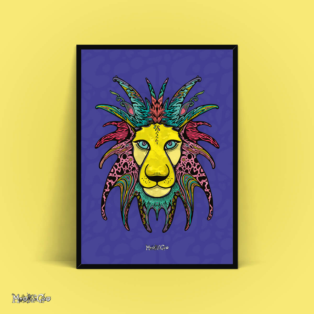 Plain yellow mustard wall with a large framed Wild Lion illustration, with purple, yellow, turquoise and pink colours, designed by MooksGoo