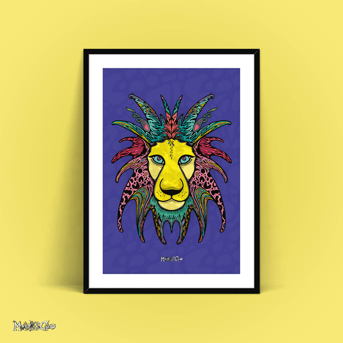 Plain yellow mustard wall with a large framed and mounted Wild Lion illustration, with purple, yellow, turquoise and pink colours, designed by MooksGoo