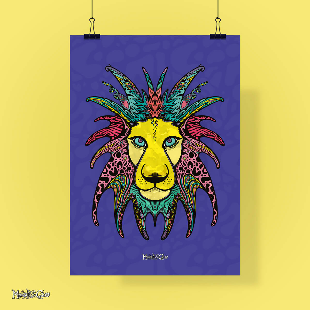 Funky wild lion wall art with pops of bright colours such as purple, yellow, turquoise and pinks. The lion has a textured face and has been hand illustrated by MooksGoo.