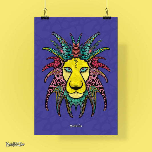 Funky wild lion wall art with pops of bright colours such as purple, yellow, turquoise and pinks. The lion has a textured face and has been hand illustrated by MooksGoo.
