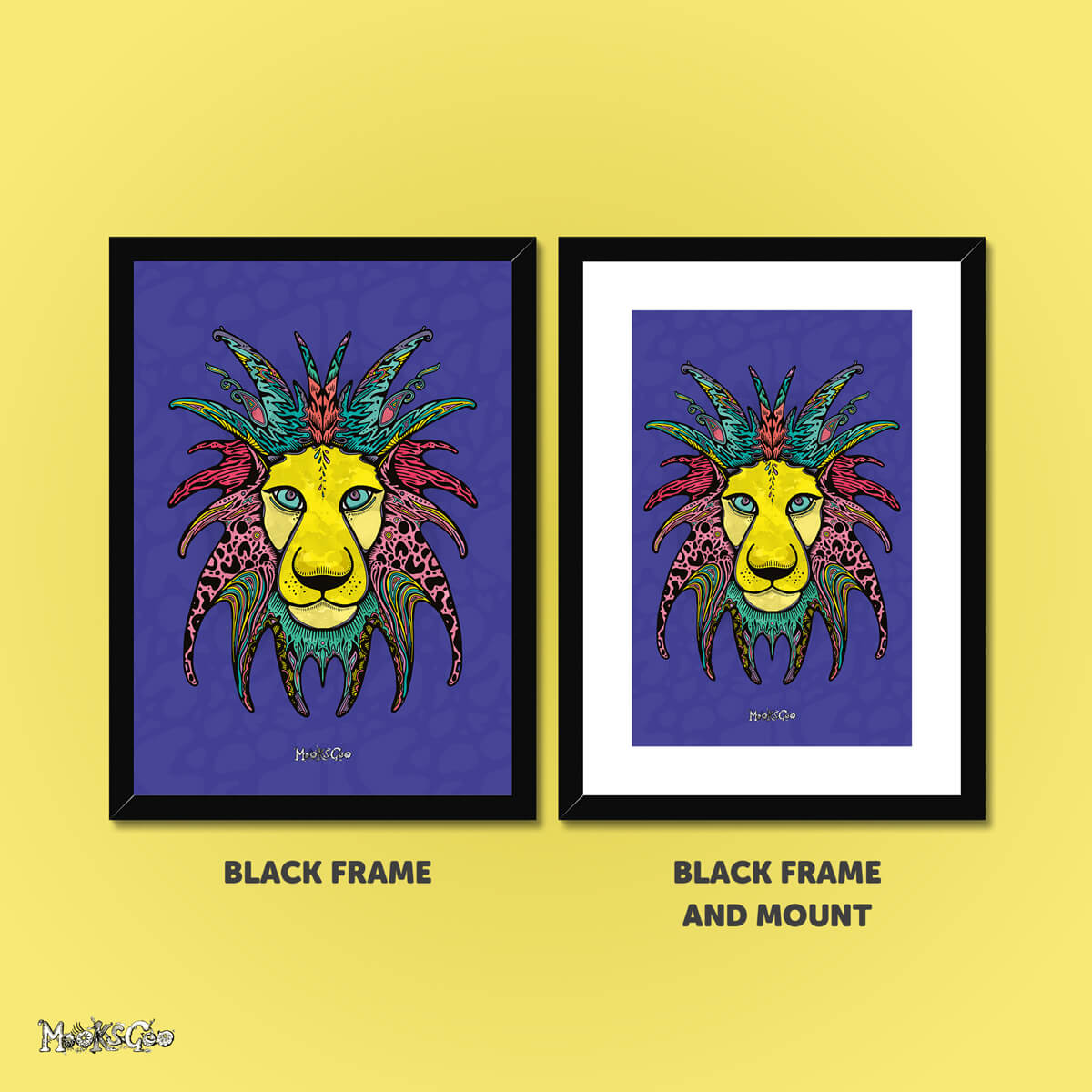 Example of the Wild Lion bold, funky art print in a black frame, and a black frame with a white mount. Designed by MooksGoo