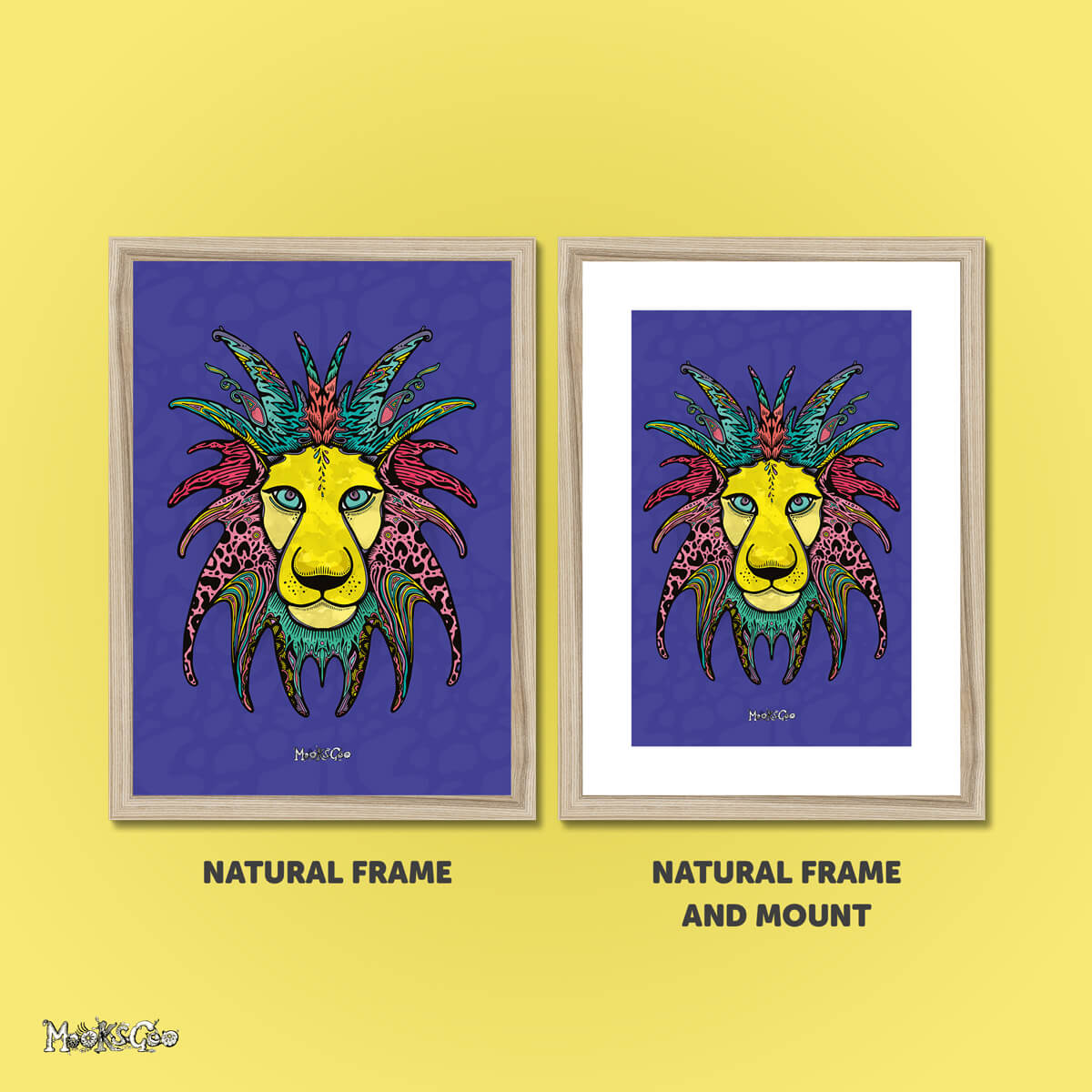 Example of the Wild Lion bold, funky art print in a natural wood frame, and a natural wood frame with a white mount. Designed by MooksGoo