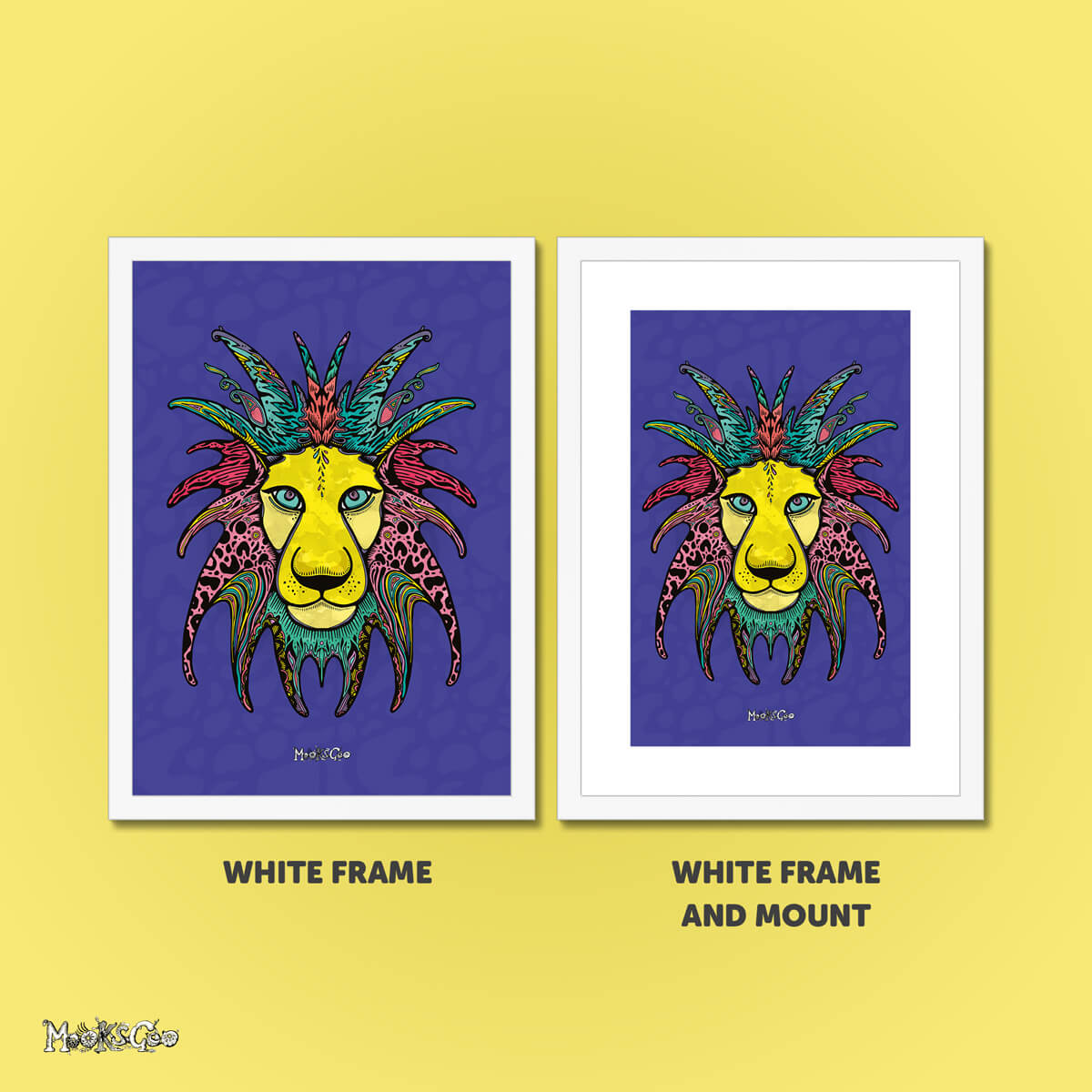 Example of the Wild Lion bold, funky art print in a white frame, and a white frame with a white mount. Designed by MooksGoo