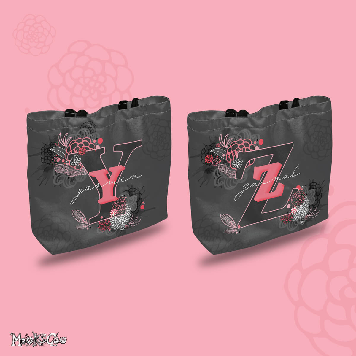 Personalised tote bag with letters Y for Yasmin, and Z for Zainab, designed by MooksGoo