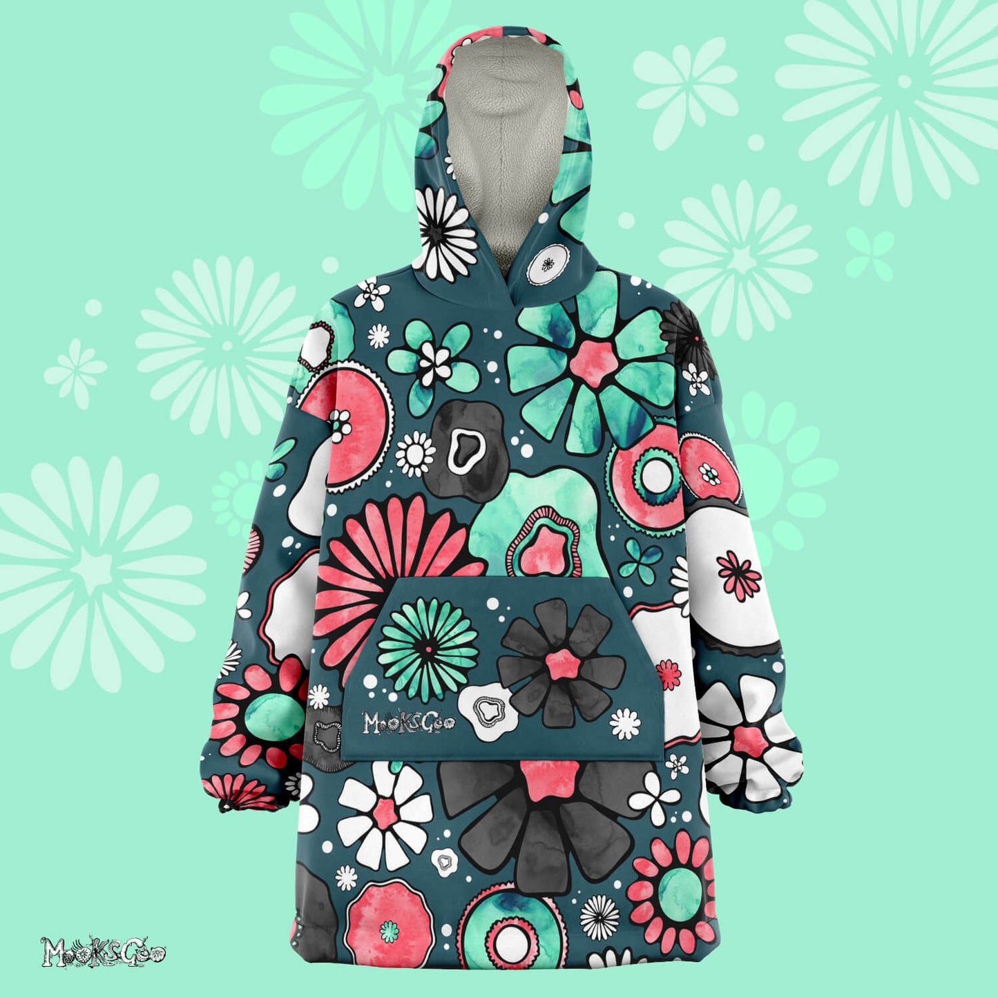 Thick cuddly snug mink fleece lined oversized hoodie for women, men, and teenagers, with a turquoise and coral watercolour illustrated flowers designed by MooksGoo, and a teal background.