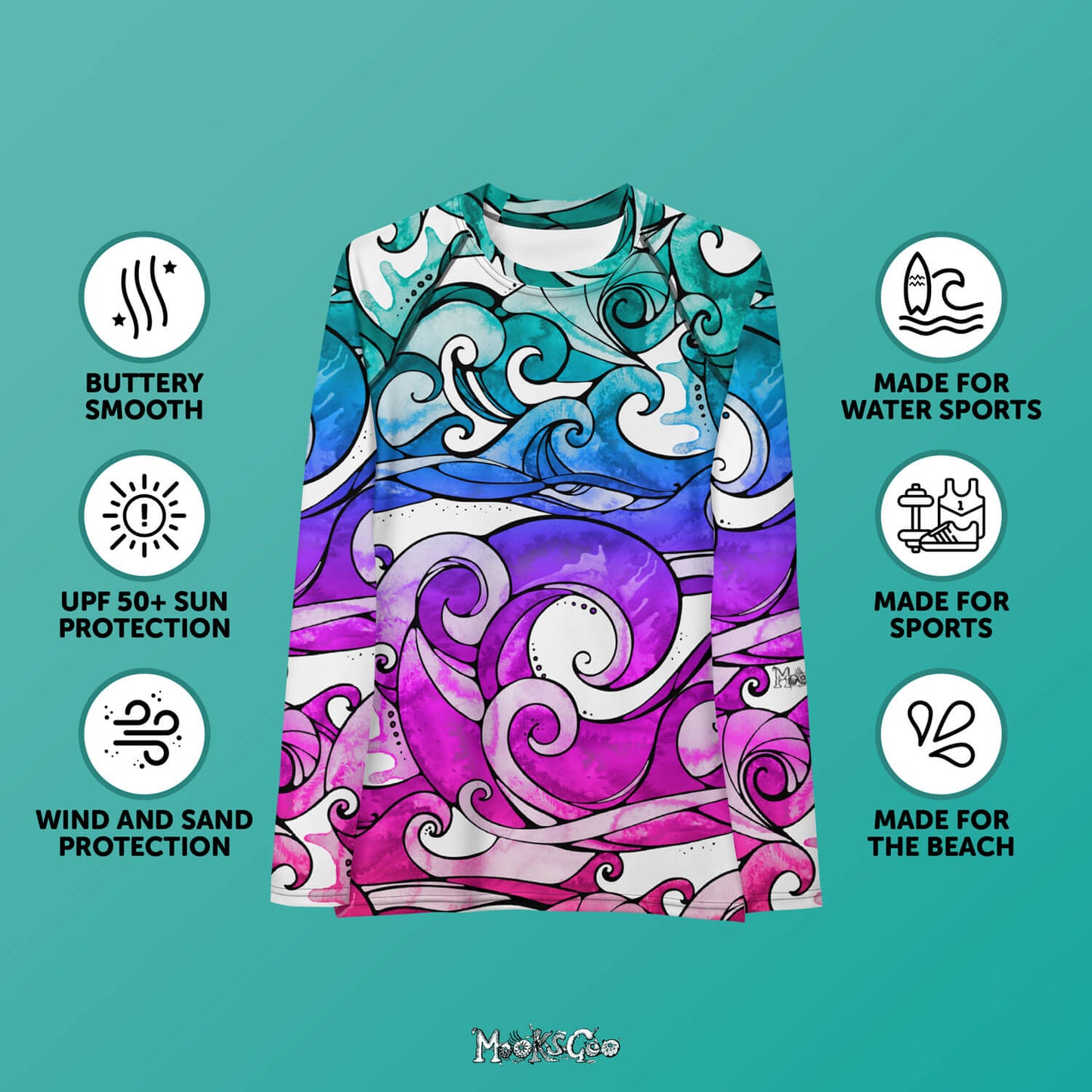 benefits of a MooksGoo rash guard is that it's buttery soft and smooth on your skin, has UPF 50+ sun protection, has wind and sand protection, is made for water sports, made for any type of sporting activity, and definitely made for the beach! Funky wave illustration designed by MooksGoo.