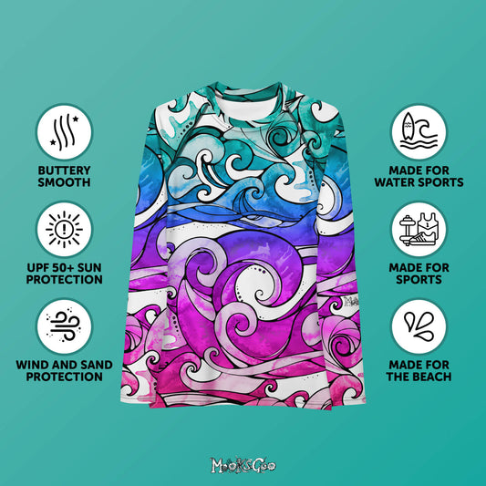 benefits of a MooksGoo rash guard is that it's buttery soft and smooth on your skin, has UPF 50+ sun protection, has wind and sand protection, is made for water sports, made for any type of sporting activity, and definitely made for the beach! Funky wave illustration designed by MooksGoo.