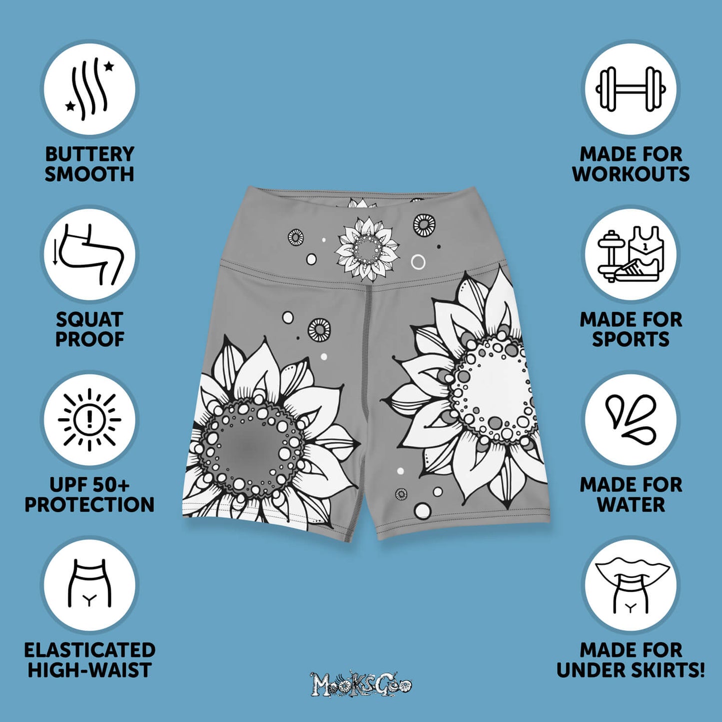 benefits of yoga shorts designed by MooksGoo, buttery soft, squat proof, UPF 50+, elasticated high waist, made for workouts, yoga, cycling, swimming, water and sports