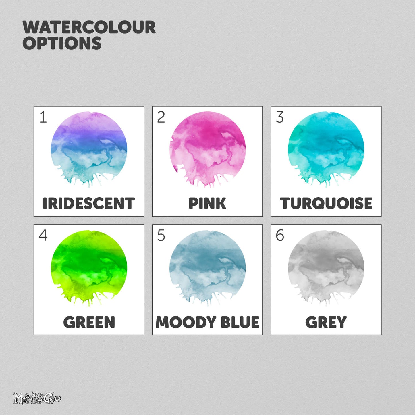Different coloured watercolours to choose as a background to personalised child's name wall art, designed by MooksGoo