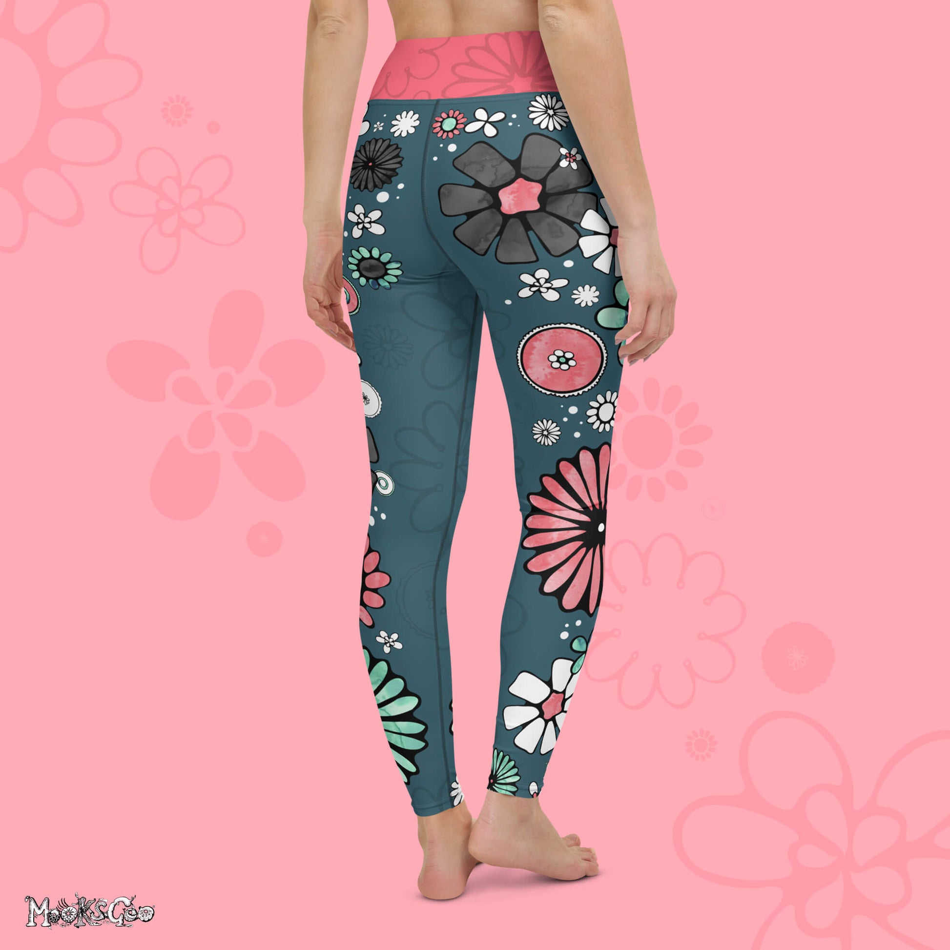Flower power yoga and workout leisurewear high waisted leggings designed by MooksGoo - back facing model