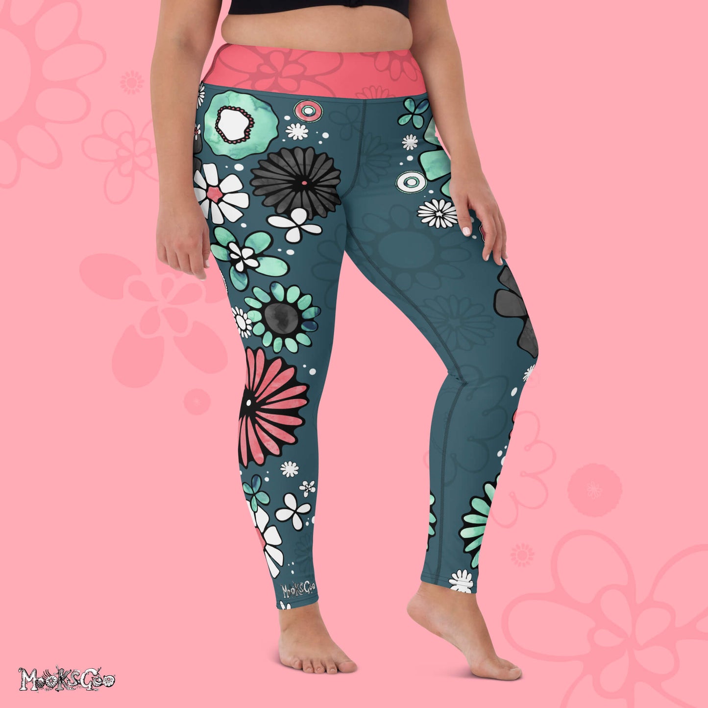Flower power yoga and workout leisurewear high waisted leggings designed by MooksGoo - right facing plus size model