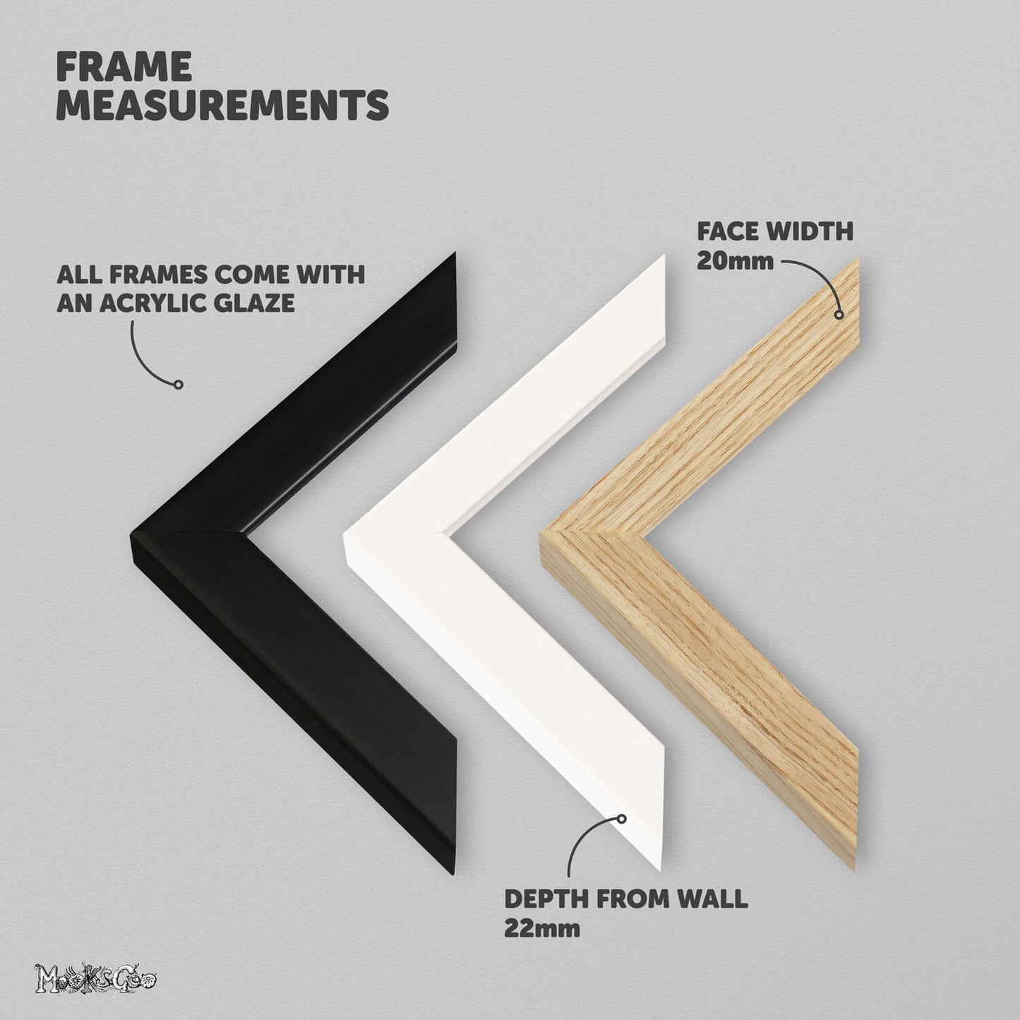 Frame options including black, white and natural, for personalised children's wall art gifts for a nursery or kids bedroom, designed by MooksGoo