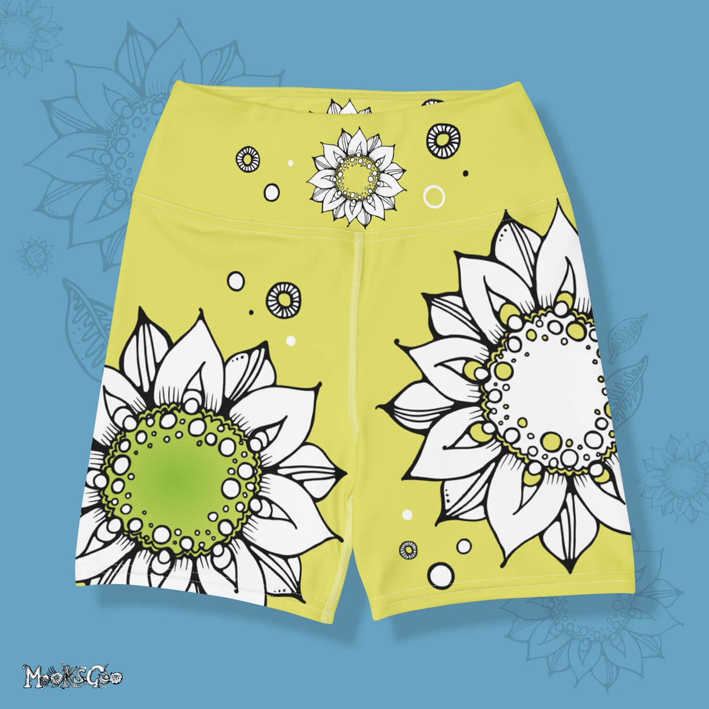 Funky lime green comfortable, super buttery soft yoga, workout, or cycling shorts, with bold black and white sunflowers, designed by MooksGoo
